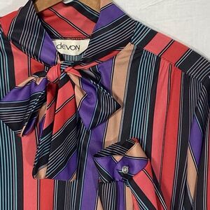 Vintage DEVON Blouse Bow Tie High Neck Multicolor Striped Long Sleeve Womens M